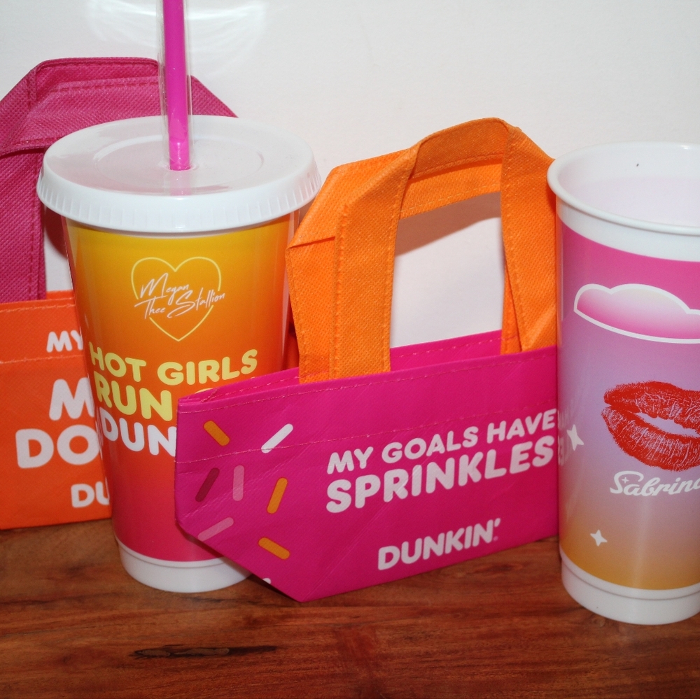 Dunkin' Themed Tumbler Set with Pink and Orange Accents And Mini Dunkin Bags
